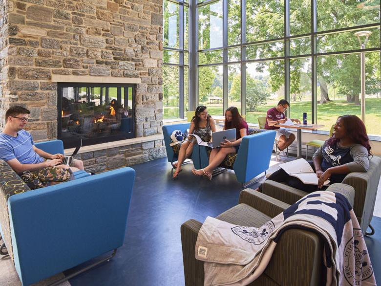 students sitting in the Fireside lounge
